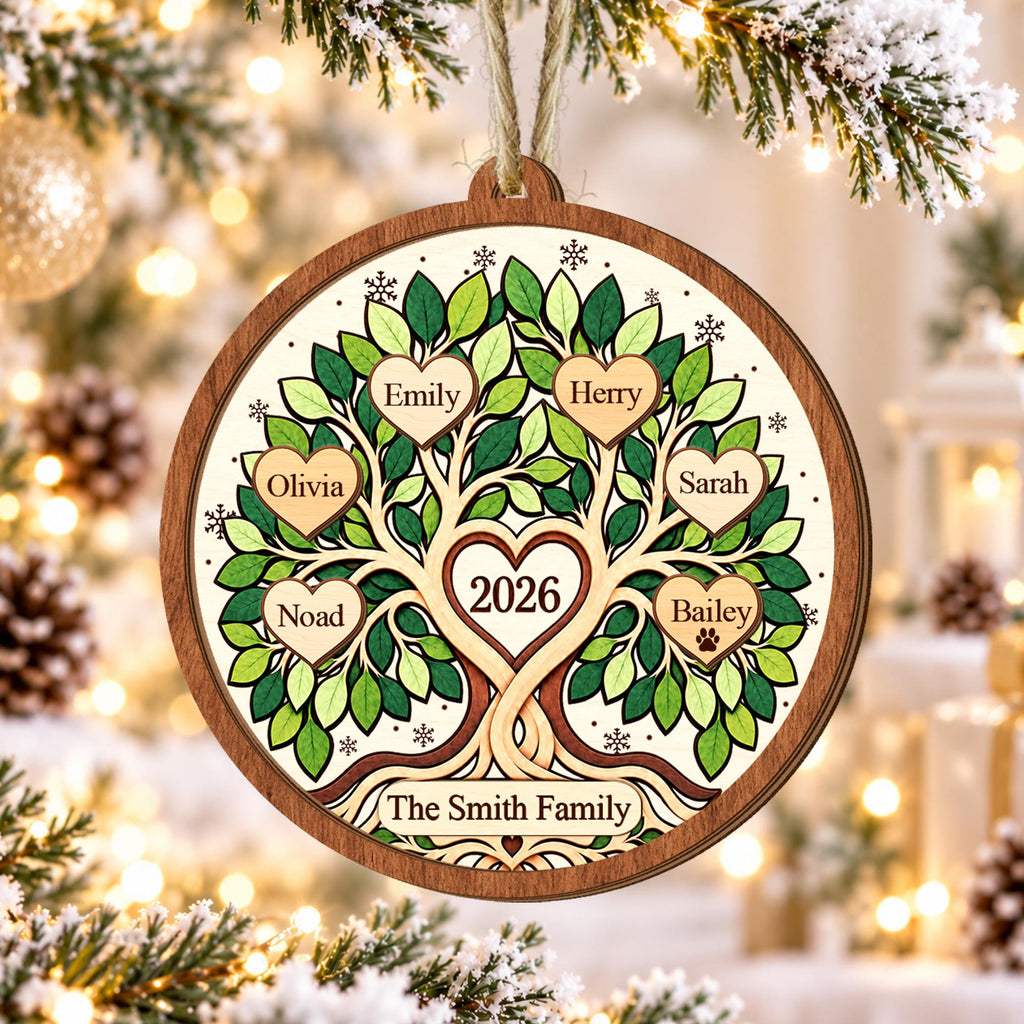 Personalized Family Tree Christmas Ornament, Custom Name Family Keepsake, Gift for Grandparents, 2026 Family Wooden Ornament