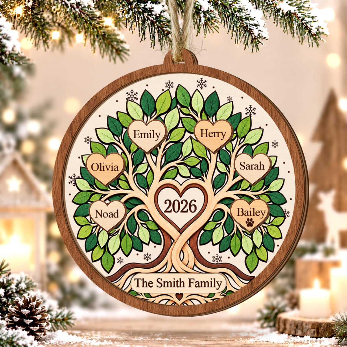 Personalized Family Tree Christmas Ornament, Custom Name Family Keepsake, Gift for Grandparents, 2026 Family Wooden Ornament