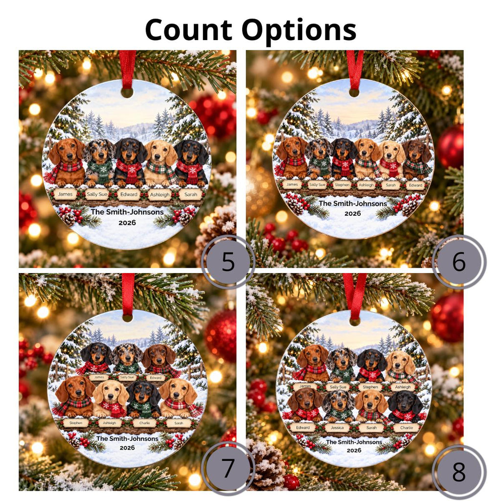 Personalized Dachshund Family Metal Ornament | Custom Names, Snowy Christmas Scene, 2026