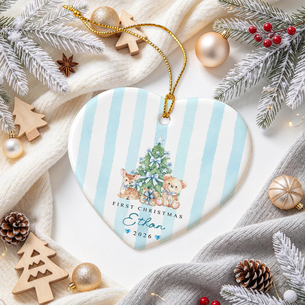 Personalized Baby First Christmas Ornament, Custom Name Year Heart Ceramic Ornament, Blue Tree Deer Teddy Keepsake Gift