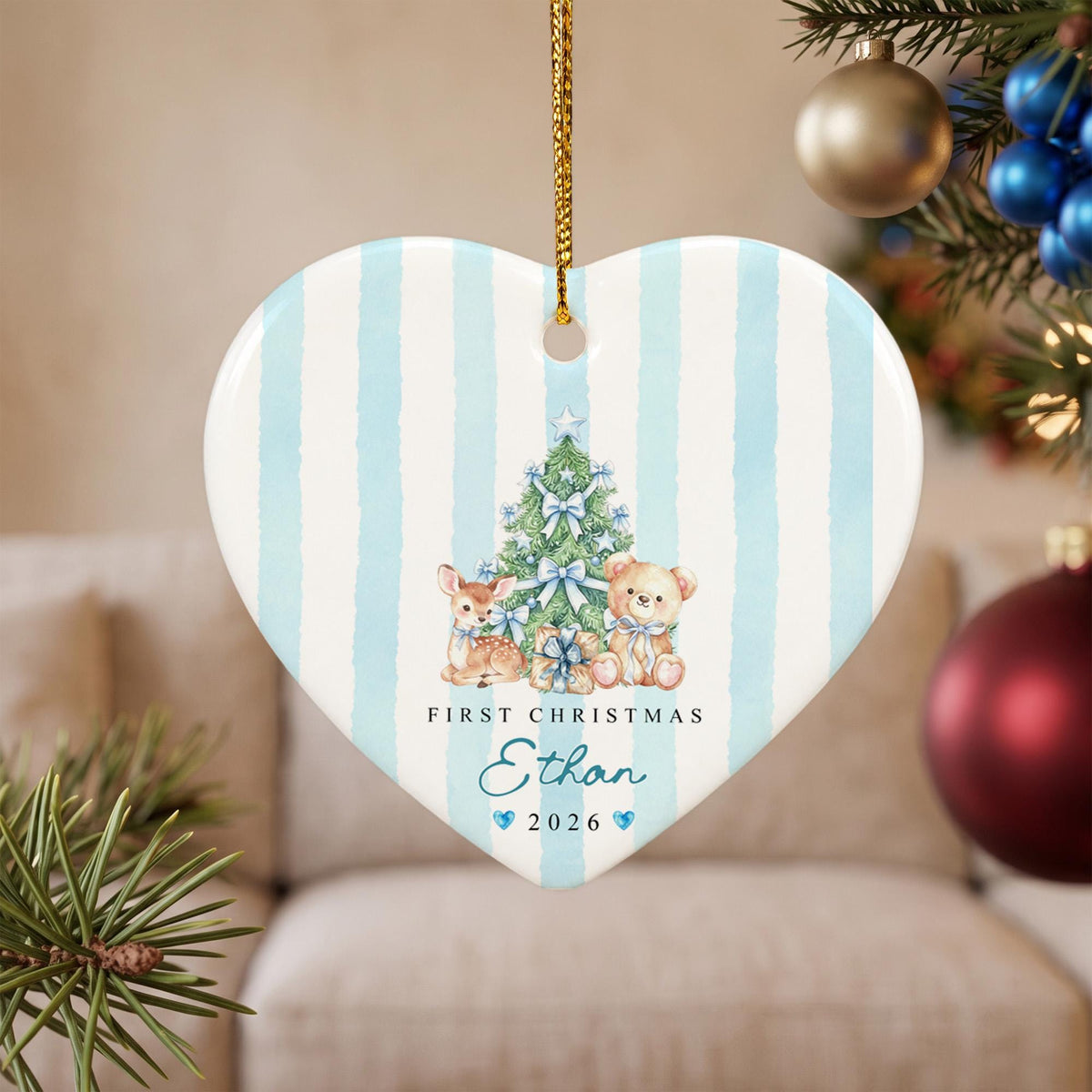 Personalized Baby First Christmas Ornament, Custom Name Year Heart Ceramic Ornament, Blue Tree Deer Teddy Keepsake Gift