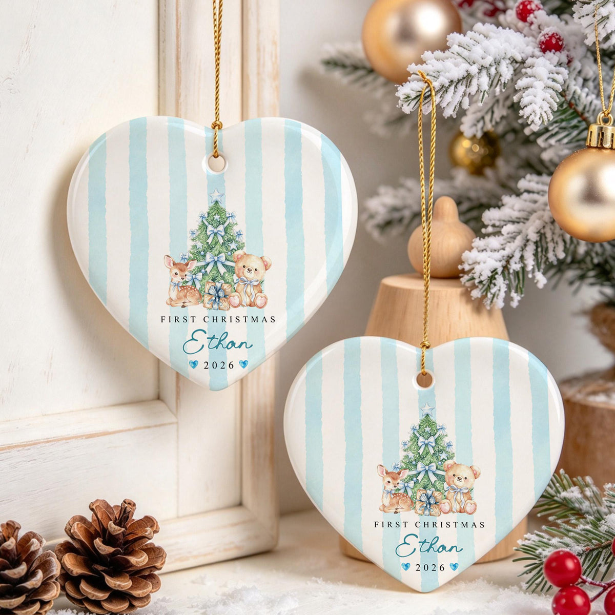 Personalized Baby First Christmas Ornament, Custom Name Year Heart Ceramic Ornament, Blue Tree Deer Teddy Keepsake Gift