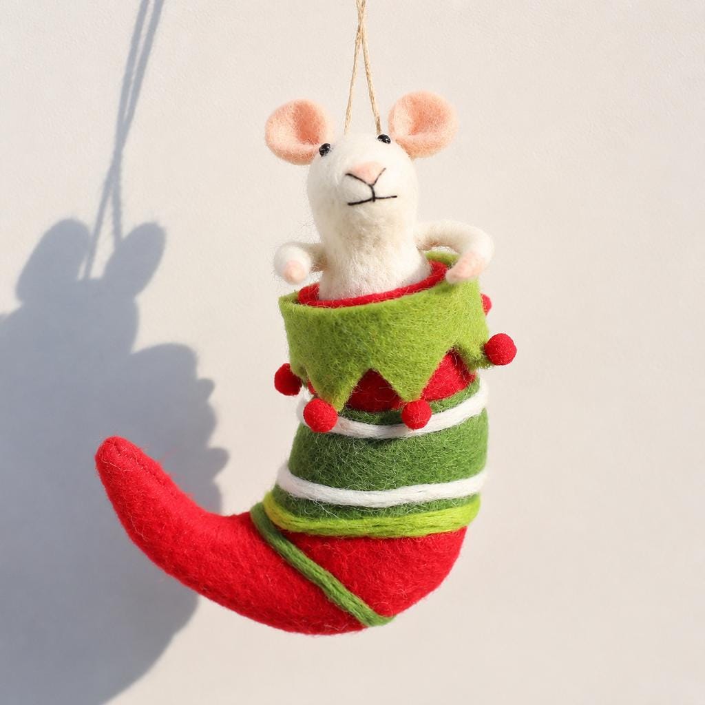 Handmade Wool Felt Mouse Stocking Ornament, Christmas Tree Hanging Decor, Holiday Gift for Animal Lovers