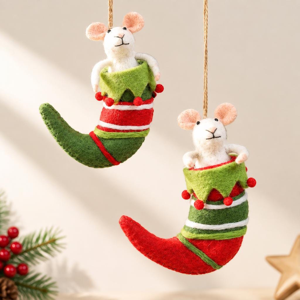 Handmade Wool Felt Mouse Stocking Ornament, Christmas Tree Hanging Decor, Holiday Gift for Animal Lovers