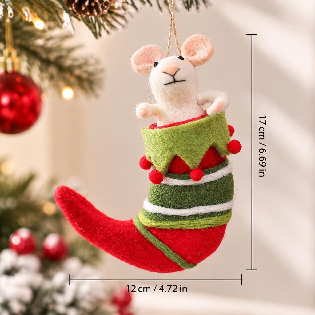 Handmade Wool Felt Mouse Stocking Ornament, Christmas Tree Hanging Decor, Holiday Gift for Animal Lovers