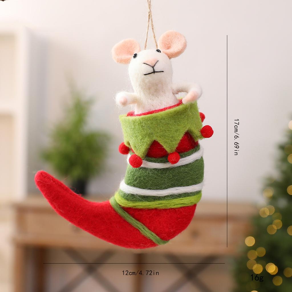 Handmade Wool Felt Mouse Stocking Ornament, Christmas Tree Hanging Decor, Holiday Gift for Animal Lovers