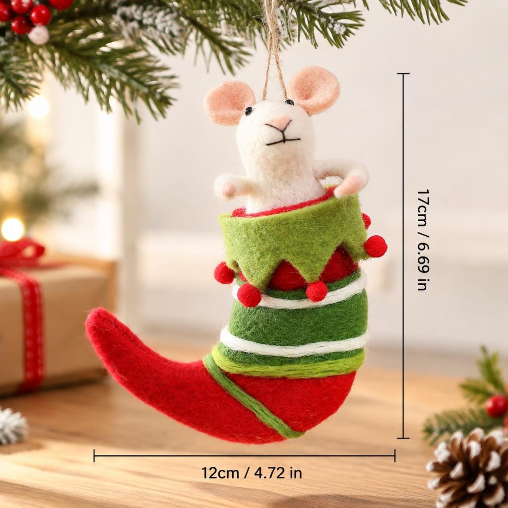 Handmade Wool Felt Mouse Stocking Ornament, Christmas Tree Hanging Decor, Holiday Gift for Animal Lovers