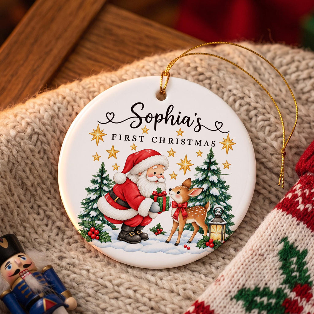 Personalized First Christmas Ornament, Santa and Reindeer Ornament, Custom Name Christmas Gift, Kids Holiday Keepsake, Xmas Tree Decor