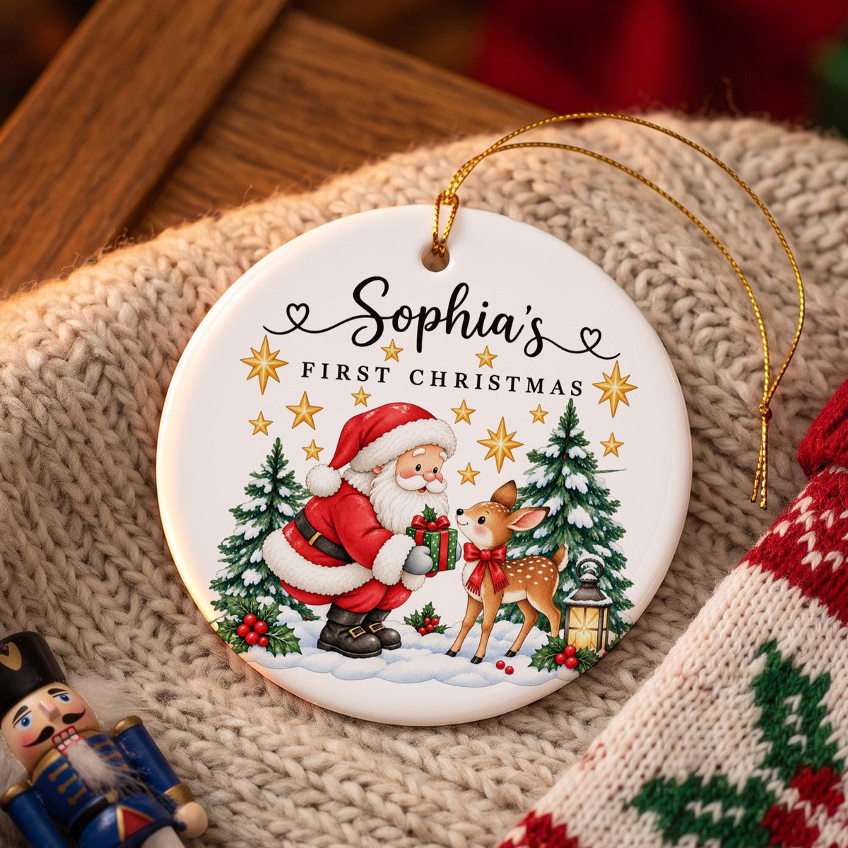 Personalized First Christmas Ornament, Santa and Reindeer Ornament, Custom Name Christmas Gift, Kids Holiday Keepsake, Xmas Tree Decor