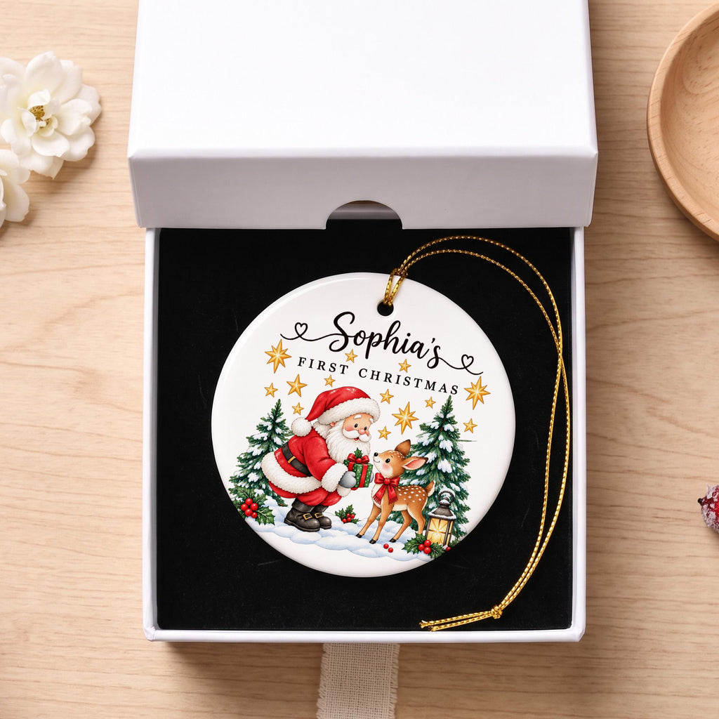 Personalized First Christmas Ornament, Santa and Reindeer Ornament, Custom Name Christmas Gift, Kids Holiday Keepsake, Xmas Tree Decor