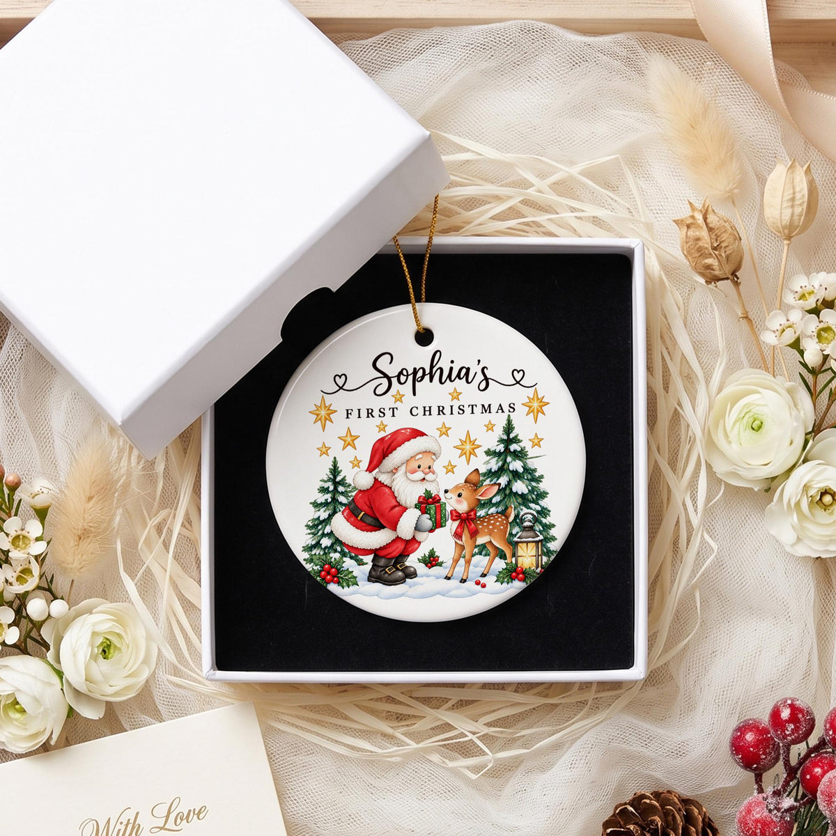 Personalized First Christmas Ornament, Santa and Reindeer Ornament, Custom Name Christmas Gift, Kids Holiday Keepsake, Xmas Tree Decor