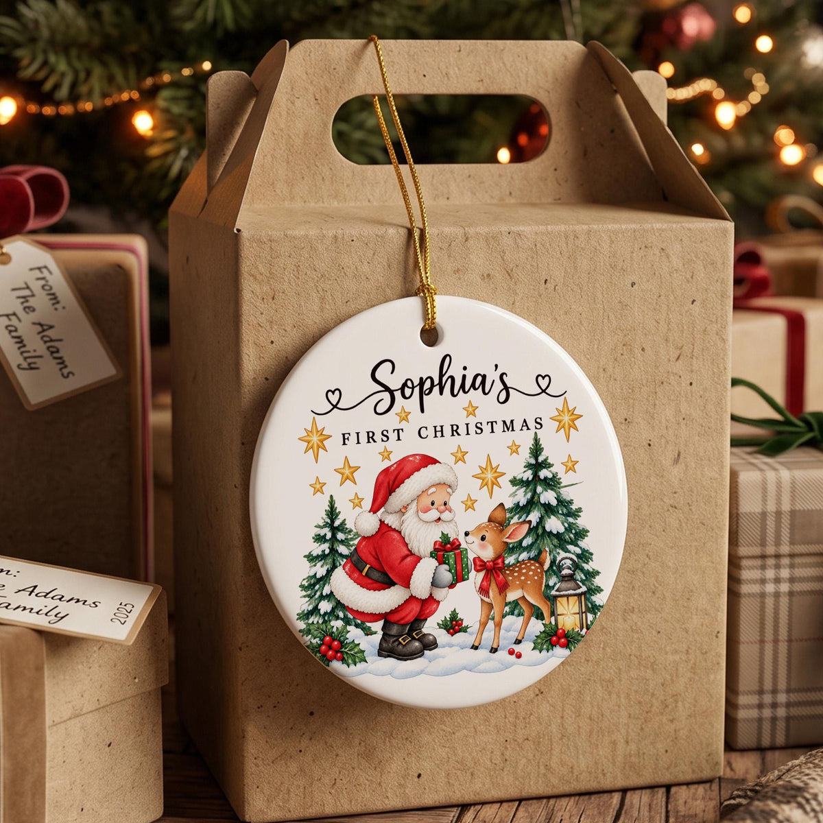 Personalized First Christmas Ornament, Santa and Reindeer Ornament, Custom Name Christmas Gift, Kids Holiday Keepsake, Xmas Tree Decor