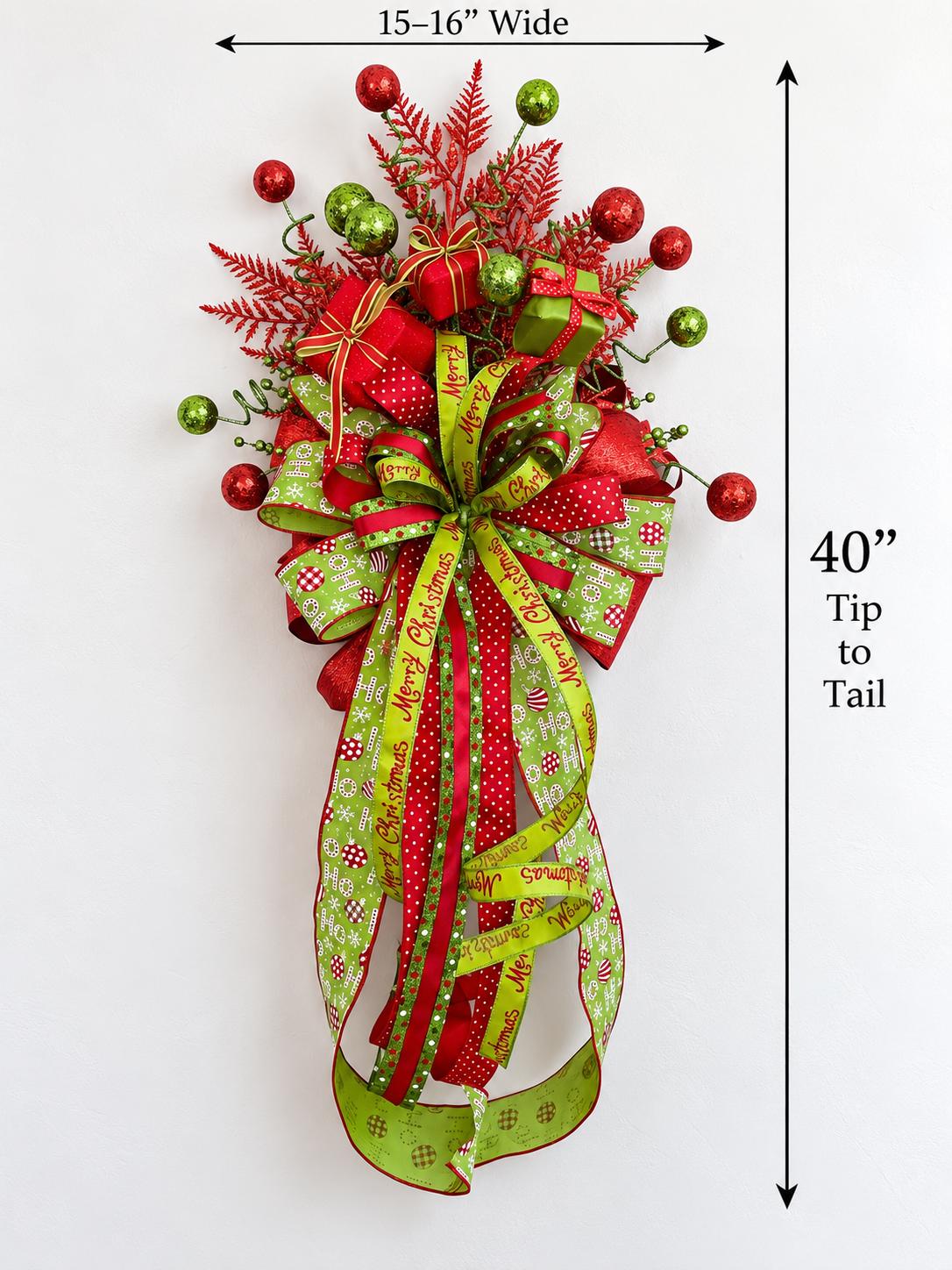 Whimsical Christmas tree topper, red and green Tree Topper, Handcrafted Christmas tree decoration Ribbon tree top