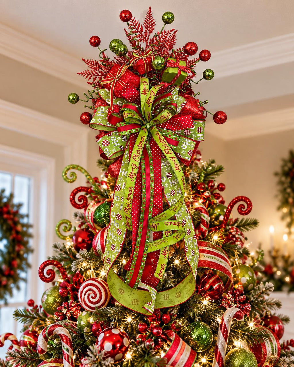 Whimsical Christmas tree topper, red and green Tree Topper, Handcrafted Christmas tree decoration Ribbon tree top