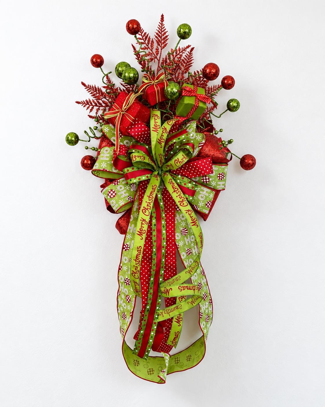 Whimsical Christmas tree topper, red and green Tree Topper, Handcrafted Christmas tree decoration Ribbon tree top