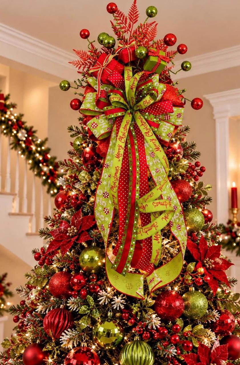 Whimsical Christmas tree topper, red and green Tree Topper, Handcrafted Christmas tree decoration Ribbon tree top