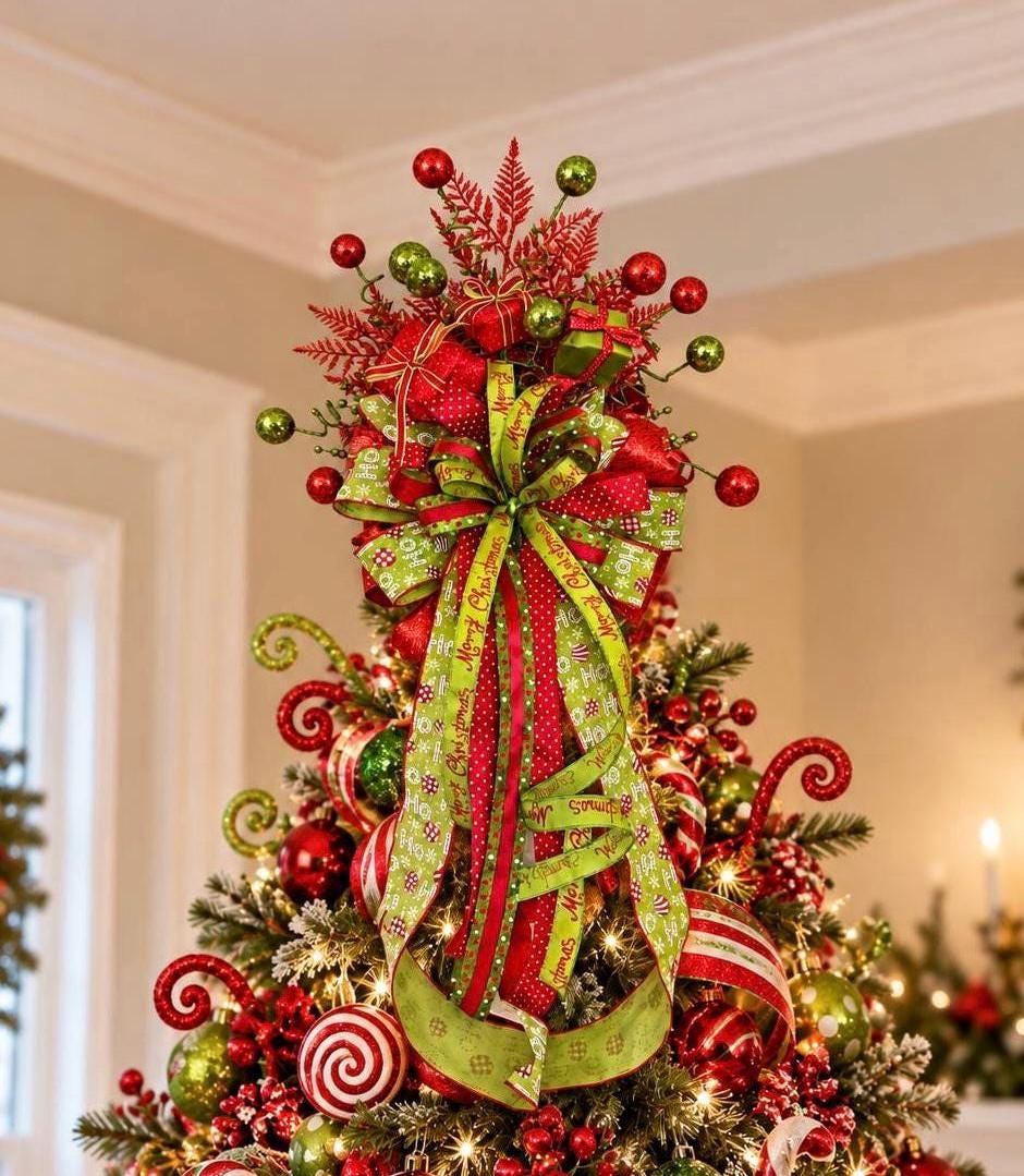 Whimsical Christmas tree topper, red and green Tree Topper, Handcrafted Christmas tree decoration Ribbon tree top