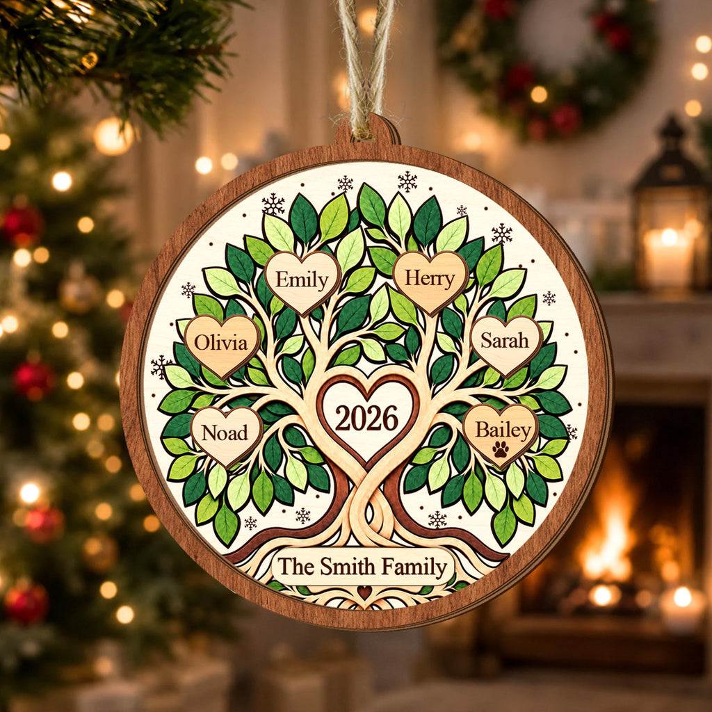 Personalized Family Tree Christmas Ornament, Custom Name Family Keepsake, Gift for Grandparents, 2026 Family Wooden Ornament
