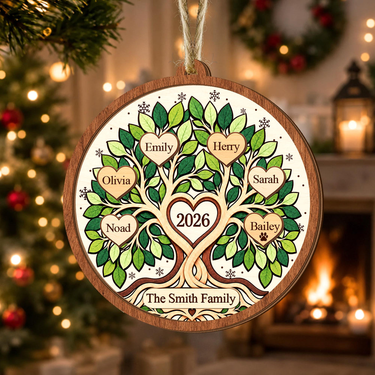 Personalized Family Tree Christmas Ornament, Custom Name Family Keepsake, Gift for Grandparents, 2026 Family Wooden Ornament