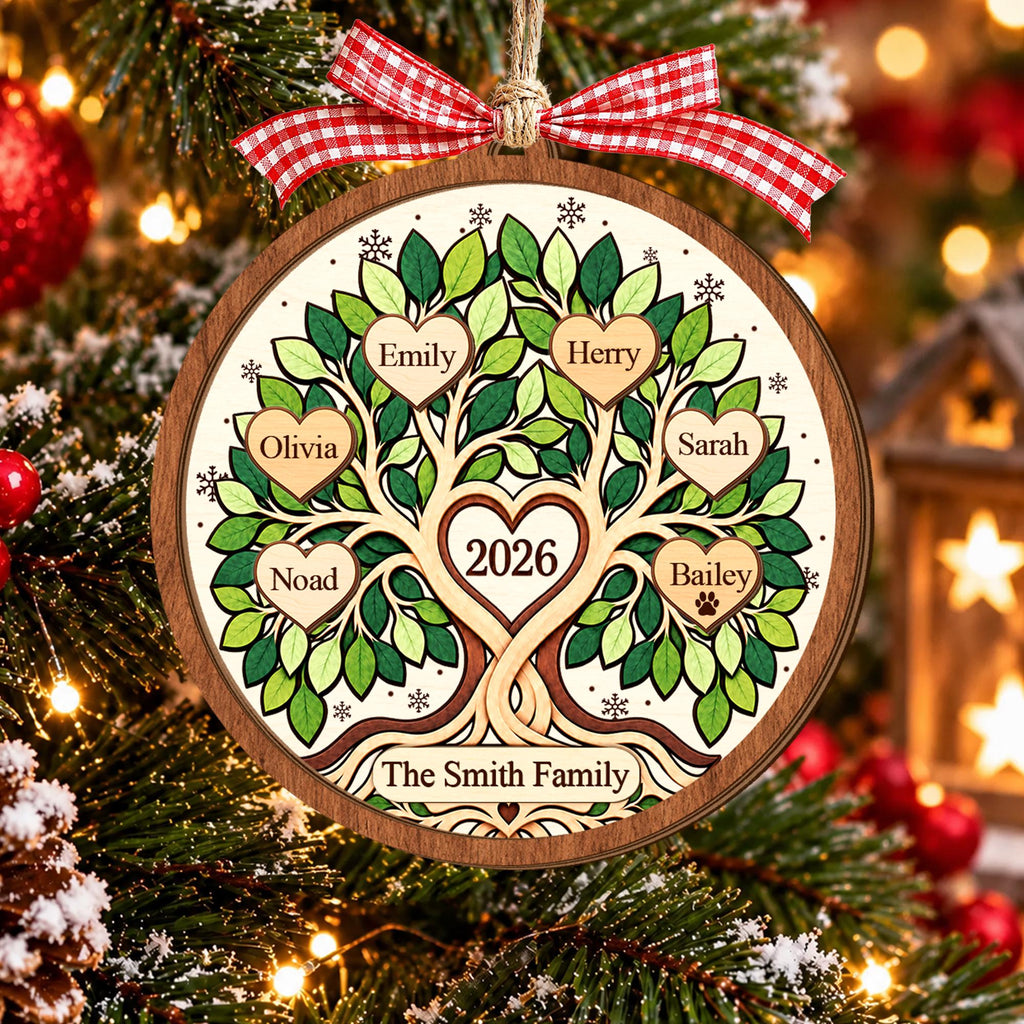 Personalized Family Tree Christmas Ornament, Custom Name Family Keepsake, Gift for Grandparents, 2026 Family Wooden Ornament