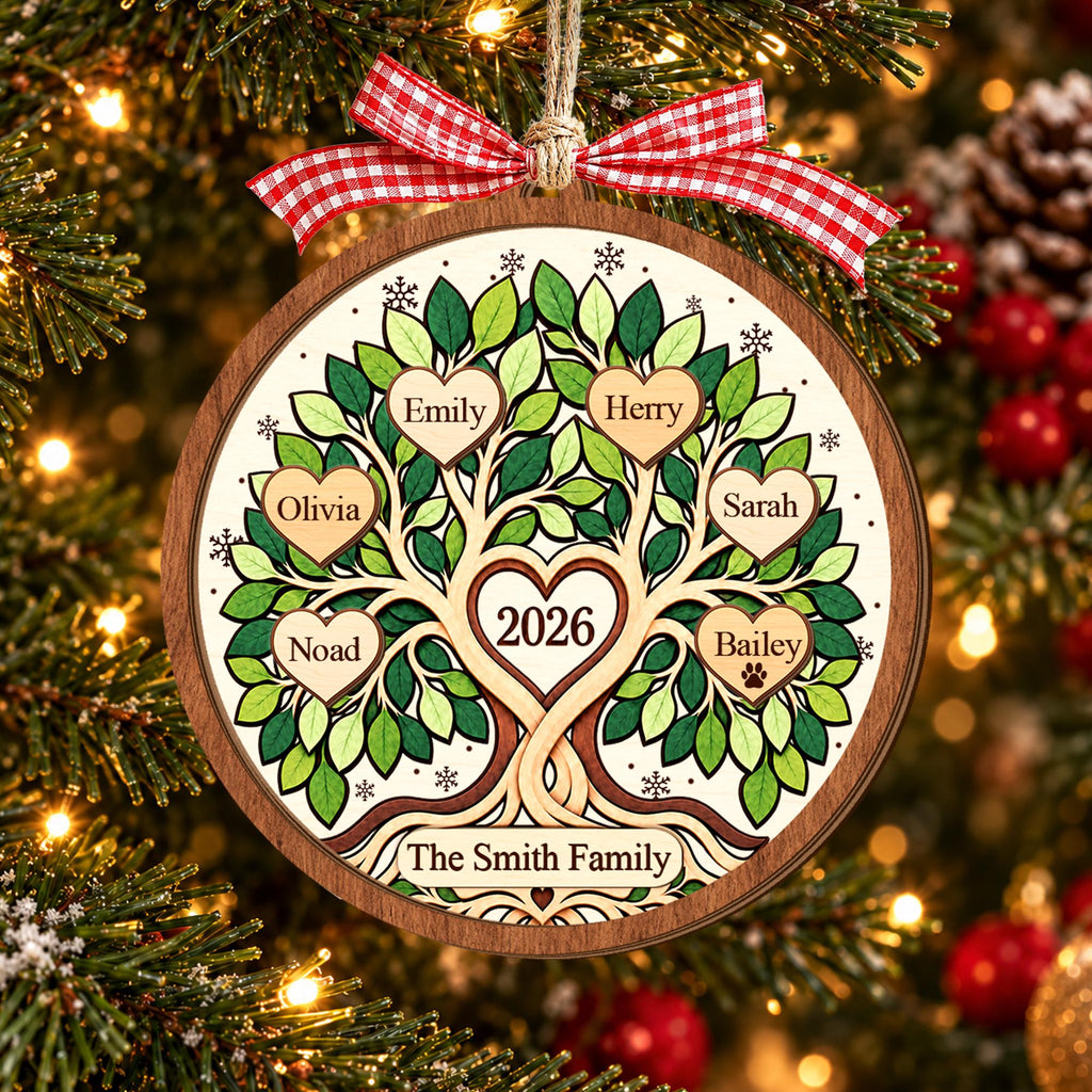Personalized Family Tree Christmas Ornament, Custom Name Family Keepsake, Gift for Grandparents, 2026 Family Wooden Ornament