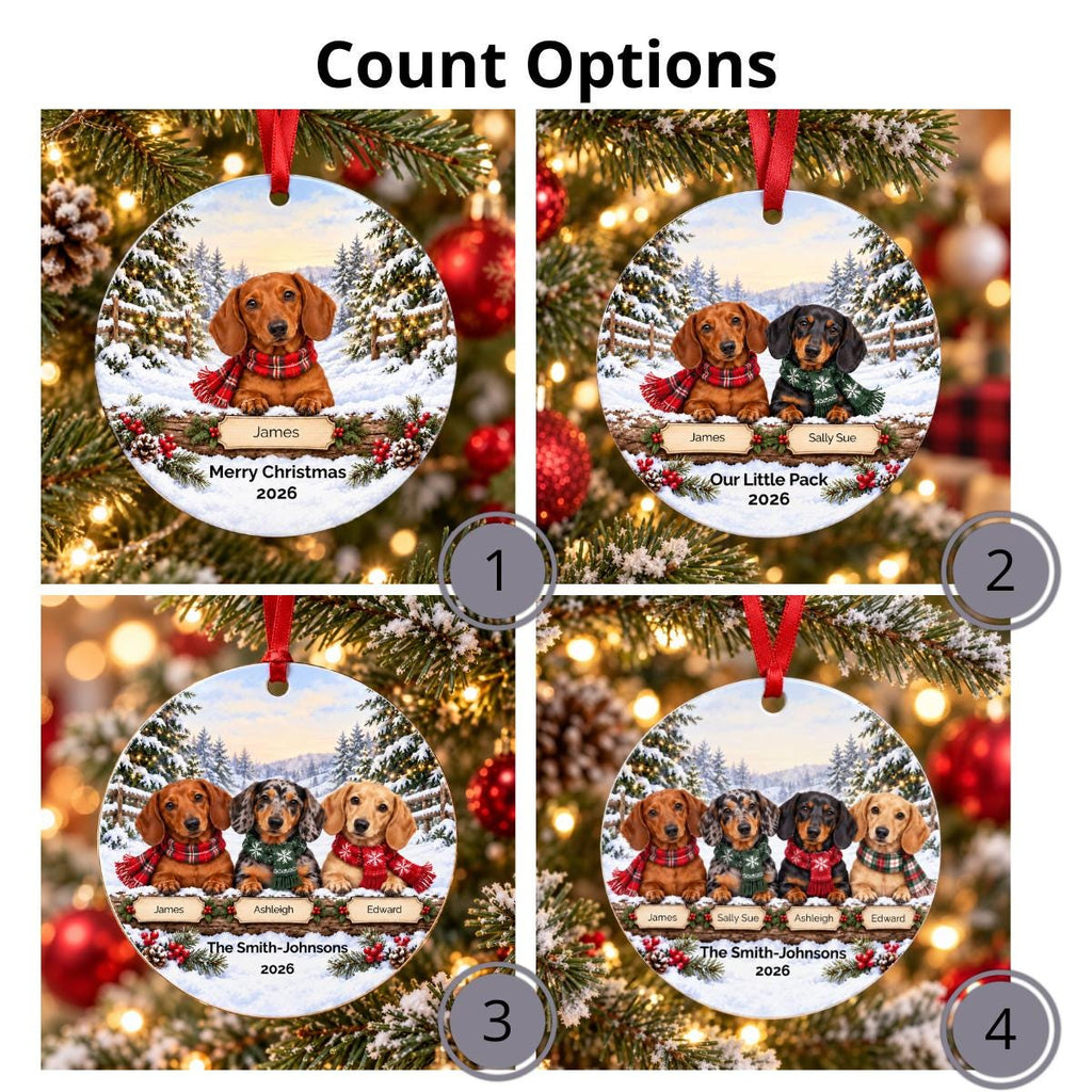 Personalized Dachshund Family Metal Ornament | Custom Names, Snowy Christmas Scene, 2026
