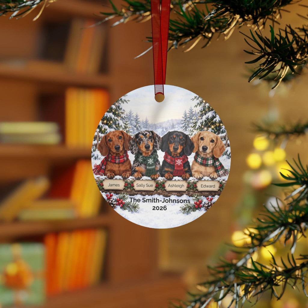 Personalized Dachshund Family Metal Ornament | Custom Names, Snowy Christmas Scene, 2026
