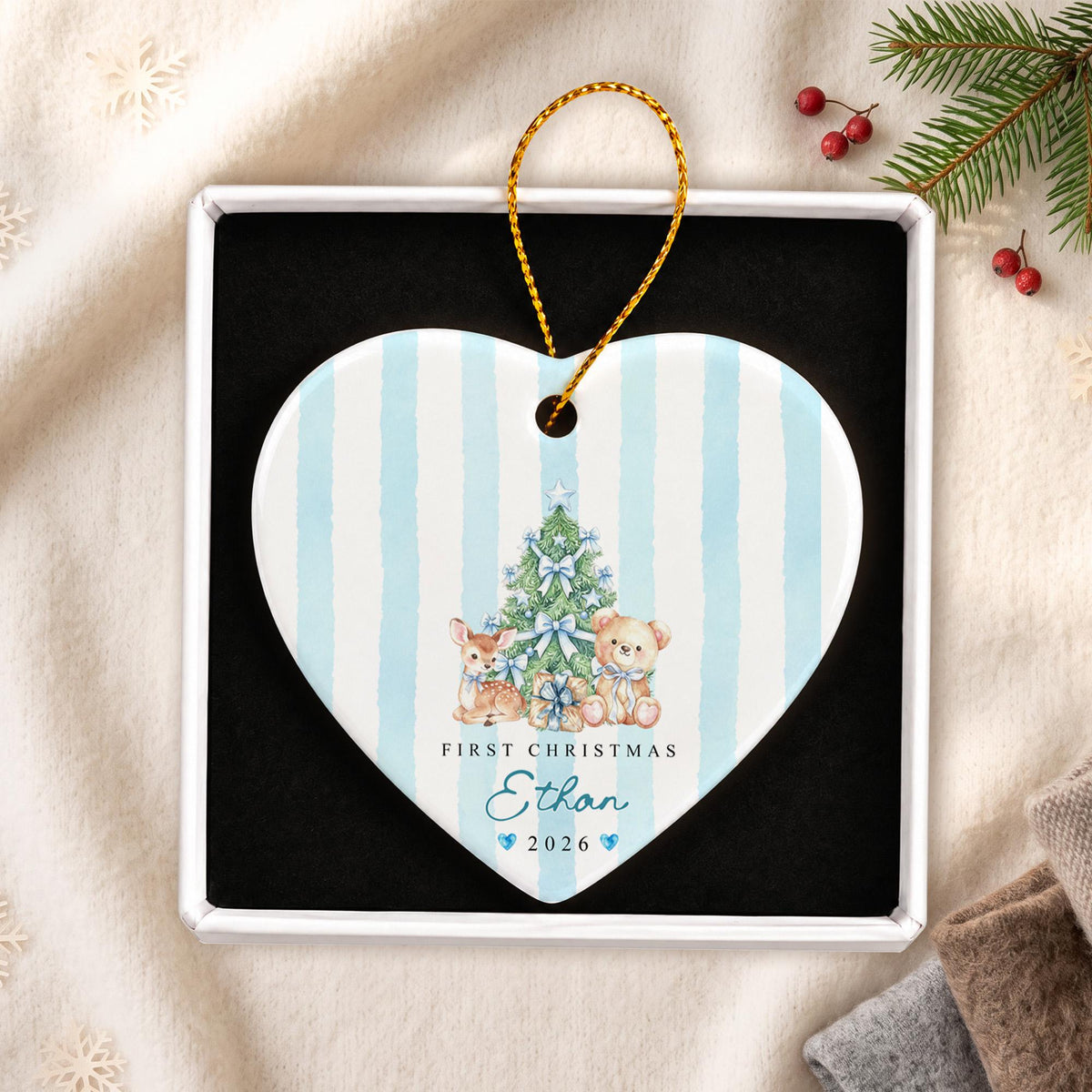 Personalized Baby First Christmas Ornament, Custom Name Year Heart Ceramic Ornament, Blue Tree Deer Teddy Keepsake Gift