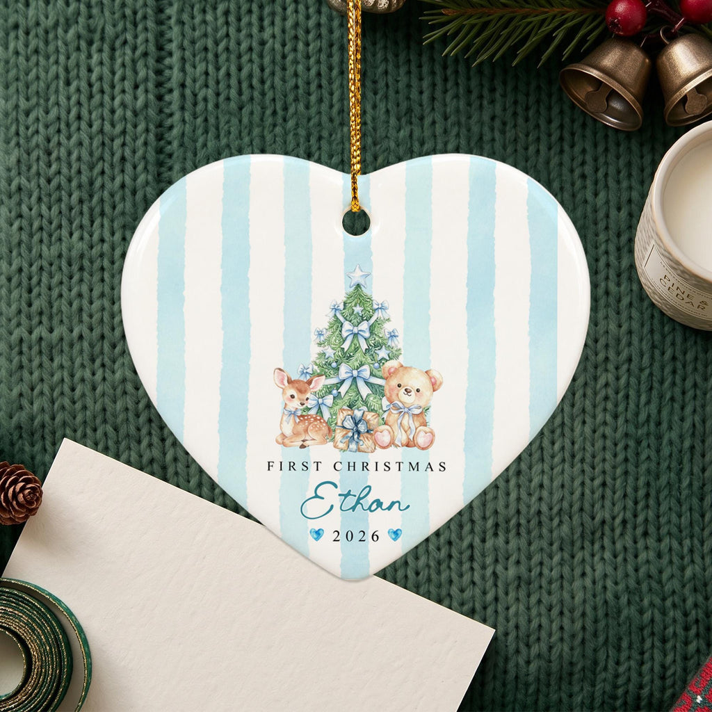 Personalized Baby First Christmas Ornament, Custom Name Year Heart Ceramic Ornament, Blue Tree Deer Teddy Keepsake Gift