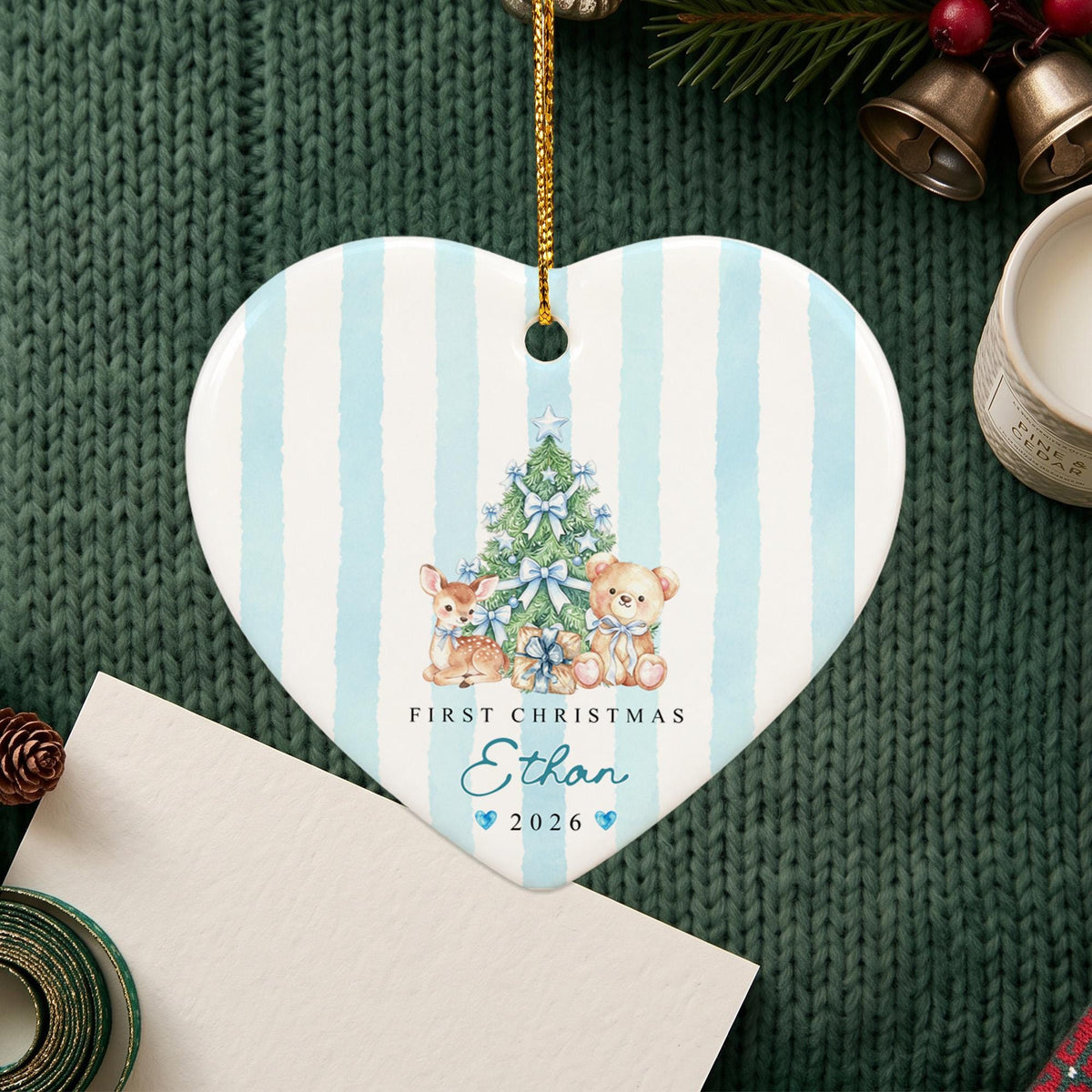 Personalized Baby First Christmas Ornament, Custom Name Year Heart Ceramic Ornament, Blue Tree Deer Teddy Keepsake Gift