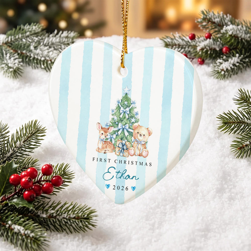 Personalized Baby First Christmas Ornament, Custom Name Year Heart Ceramic Ornament, Blue Tree Deer Teddy Keepsake Gift