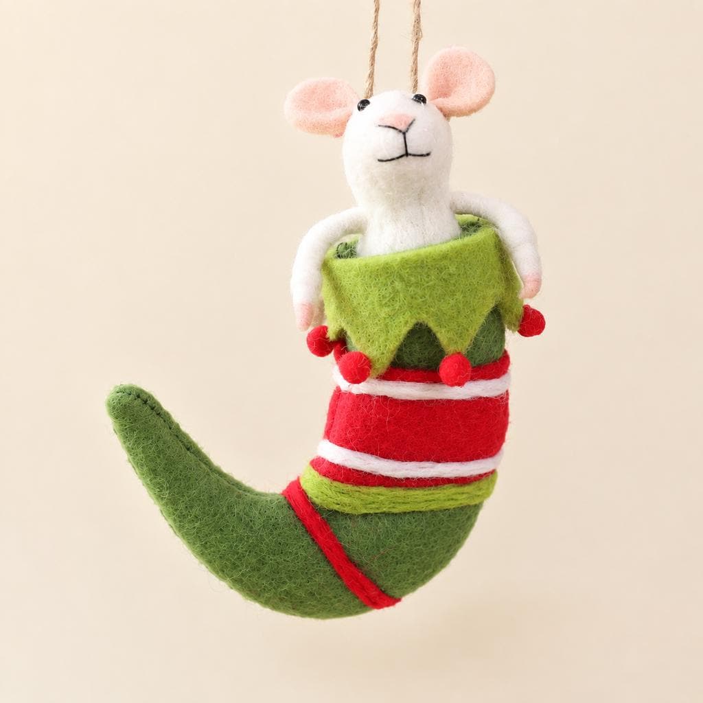 Handmade Wool Felt Mouse Stocking Ornament, Christmas Tree Hanging Decor, Holiday Gift for Animal Lovers