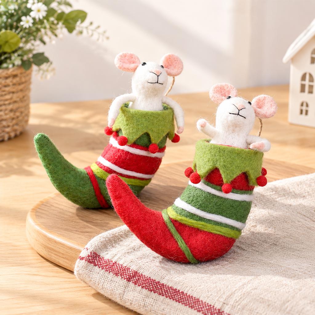 Handmade Wool Felt Mouse Stocking Ornament, Christmas Tree Hanging Decor, Holiday Gift for Animal Lovers