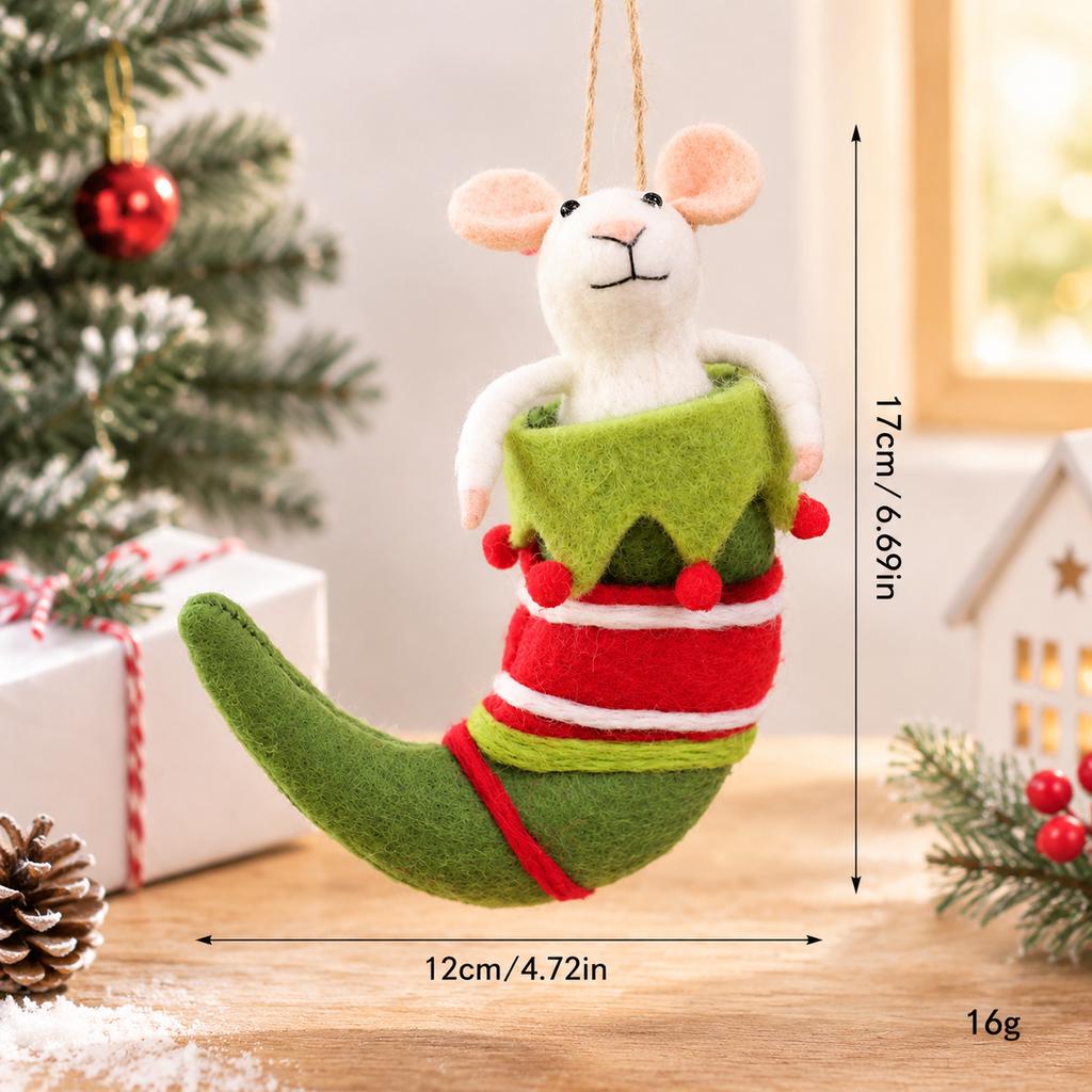 Handmade Wool Felt Mouse Stocking Ornament, Christmas Tree Hanging Decor, Holiday Gift for Animal Lovers