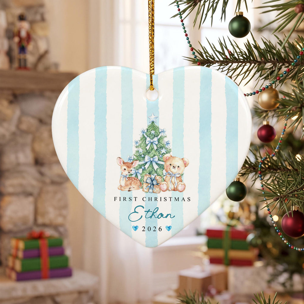 Personalized Baby First Christmas Ornament, Custom Name Year Heart Ceramic Ornament, Blue Tree Deer Teddy Keepsake Gift