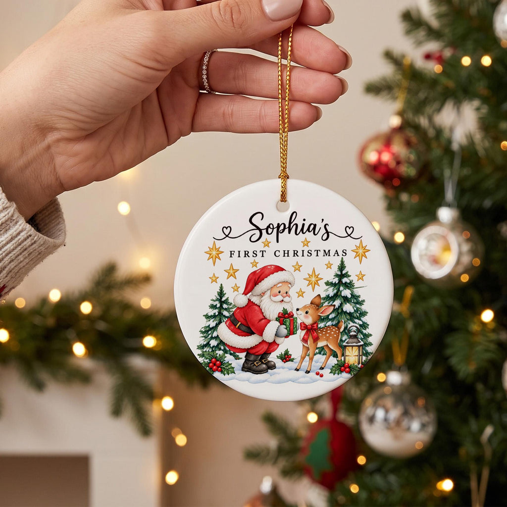 Personalized First Christmas Ornament, Santa and Reindeer Ornament, Custom Name Christmas Gift, Kids Holiday Keepsake, Xmas Tree Decor