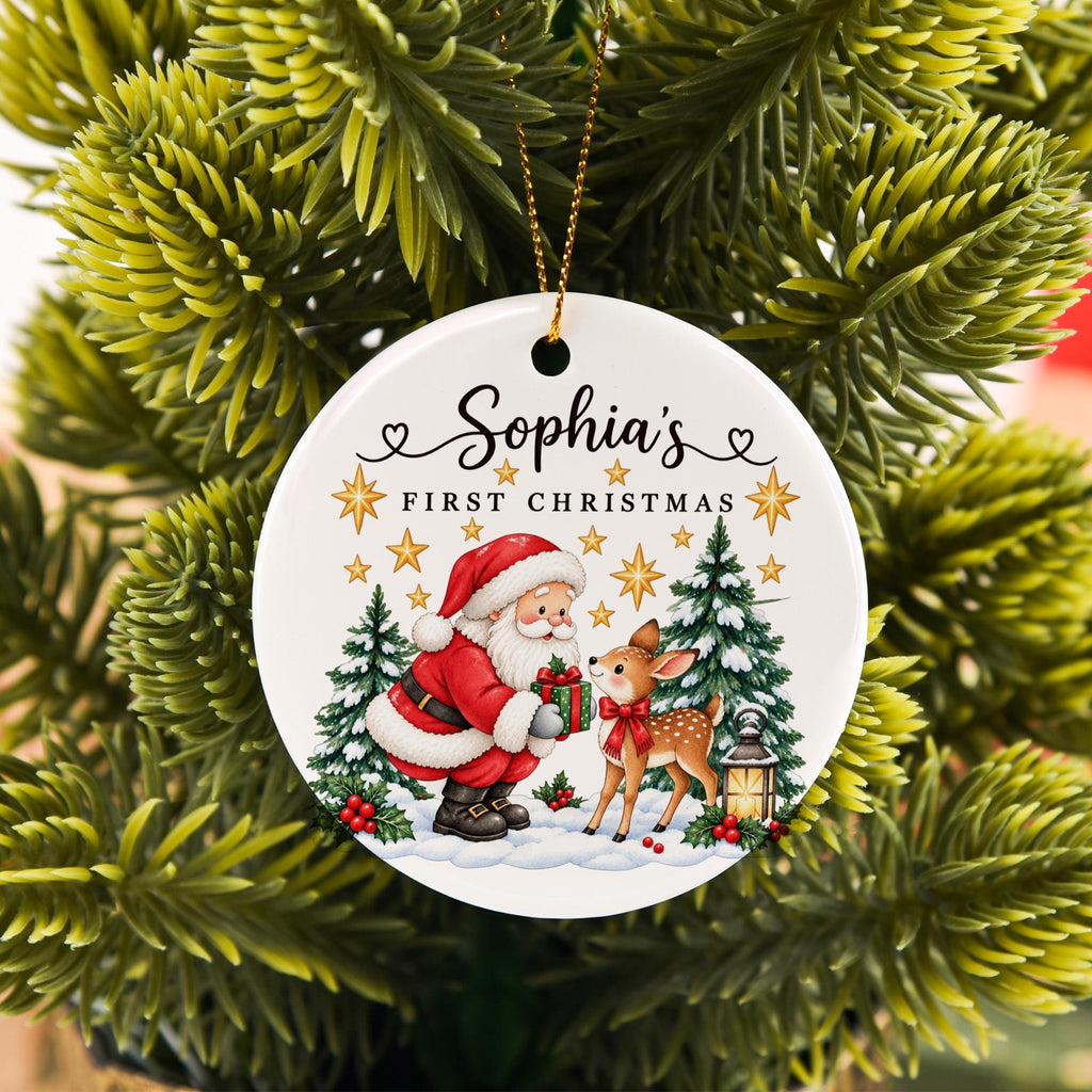 Personalized First Christmas Ornament, Santa and Reindeer Ornament, Custom Name Christmas Gift, Kids Holiday Keepsake, Xmas Tree Decor