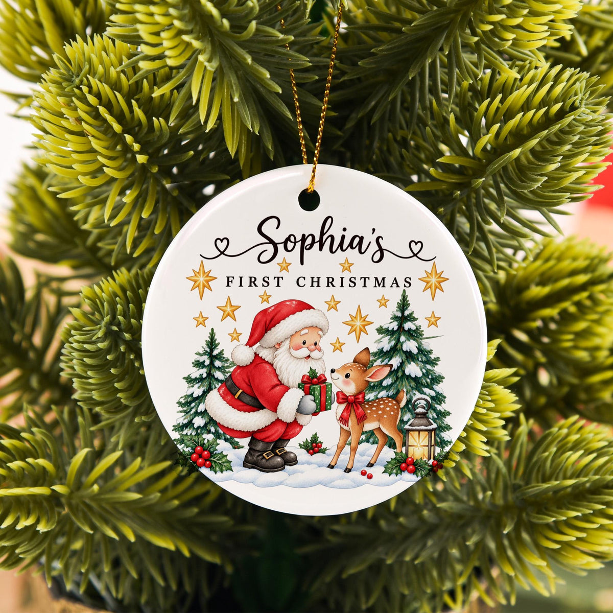 Personalized First Christmas Ornament, Santa and Reindeer Ornament, Custom Name Christmas Gift, Kids Holiday Keepsake, Xmas Tree Decor