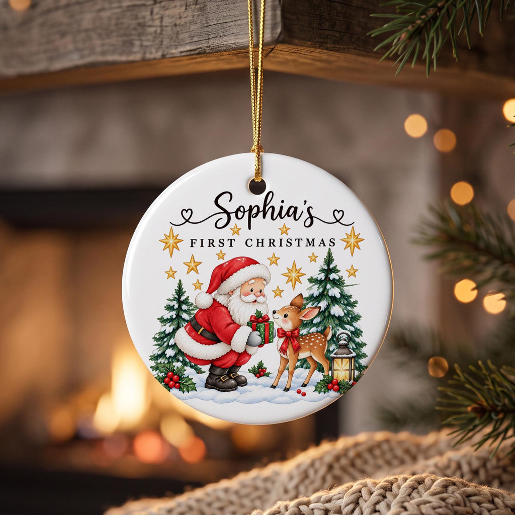 Personalized First Christmas Ornament, Santa and Reindeer Ornament, Custom Name Christmas Gift, Kids Holiday Keepsake, Xmas Tree Decor